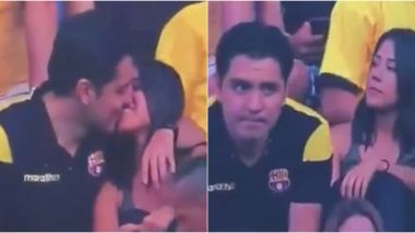 Barcelona vs Delfin Kiss Cam Video: Man Caught Kissing Woman Admits to Cheating on His Partner