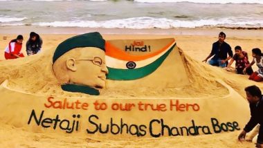 Sudarsan Pattnaik Creates Sand Art of Netaji Subhas Chandra Bose on His 123rd Birth Anniversary at Puri Beach