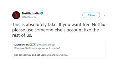 Free Netflix Subscription by Dialing Support CAA Number 88662-88662? Streaming Platform Busts Fake Messages With a Witty Tweet