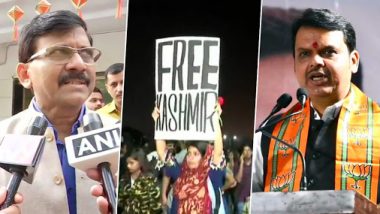 'Free Kashmir' Poster Seen at Gateway of India Protest in Mumbai; Devendra Fadnavis Questions Shiv Sena, Sanjay Raut Defends It