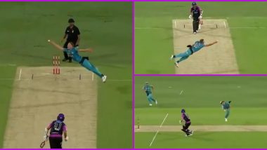 Catch of the Year? Ben Laughlin 'Flies' in His Follow-Through to Take a One-Handed Stunner During Brisbane Heat vs Hobart Hurricanes BBL 2019–20 Match (Video)