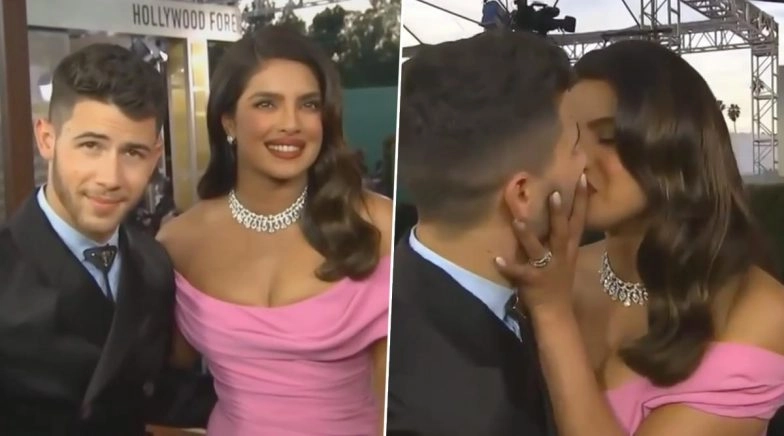 Golden Globes 2020: Priyanka Chopra and Nick Jonas Kiss Leading to an Awkward Moment (Watch Video)