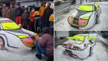 Kashmiri Boy, Zubair Ahmed Makes ‘Snow Car’ in Budgam, People Flood Twitter Timeline With Beautiful Images of the Icy Sculpture