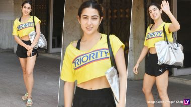 Sara Ali Khan Makes Fitness Her ‘Priority’, Flaunts Mid-Riff by Opting for a Crop Top and Shorts at Gym (View Pics)