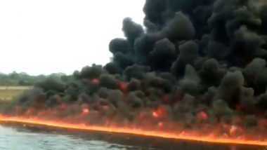 Assam: Burhi Dihing River Catches Fire in Dibrugarh Due to Blast in Oil Pipeline (Watch Video)