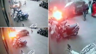 Gujarat: Narrow Escape for Man As Moving Car Catches Fire After Colliding With Pole in Surat; Watch Video