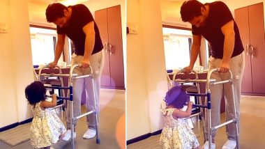 Angad Bedi Can't Keep Calm As Daughter Mehr Gives Him a Helping Hand to Walk Post His Knee Surgery (Watch Video)