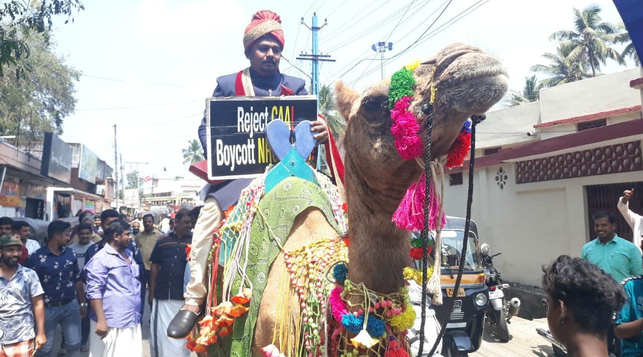 Kerala Groom Arrives on Camel Holding Anti-CAA Poster in His Hands, Gifts Copy of Constitution to Bride Kerala Groom Arrives on Camel Holding Anti-CAA Poster in His Hands, Gifts Copy of Constitution to Bride