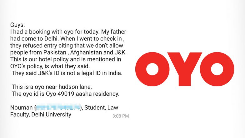 OYO Rooms Allegedly Cancels Booking of Kashmiri Man, Cites Delhi Police 'Orders' of No Bookings to People From Pakistan, Afghanistan And Jammu And Kashmir