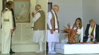Donald Trump, PM Modi Garland Mahatma Gandhi's Portrait at Sabarmati Ashram, Spin 'Charkha'; See Pics and Videos