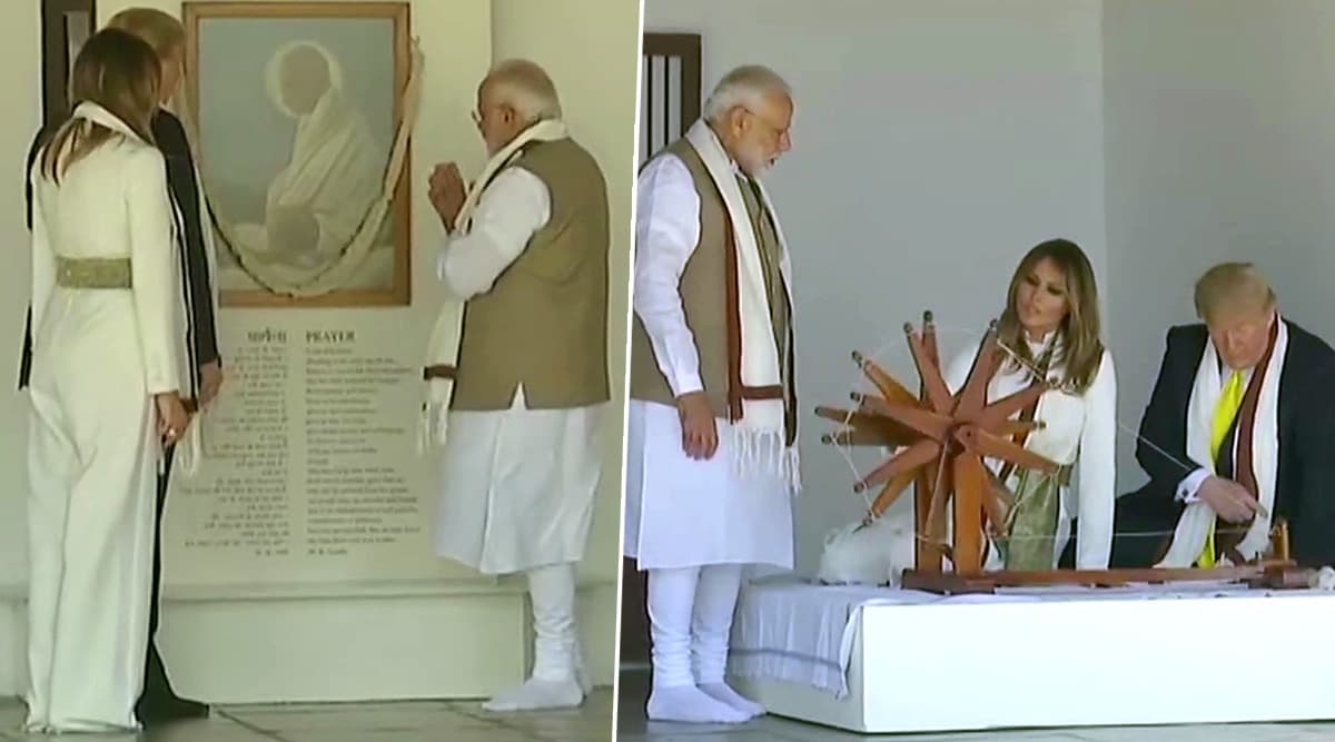 Donald Trump, PM Modi Garland Mahatma Gandhi's Portrait at Sabarmati Ashram, Spin 'Charkha'; See Pics and Videos Donald Trump, PM Modi Garland Mahatma Gandhi's Portrait at Sabarmati Ashram, Spin 'Charkha'; See Pics and Videos