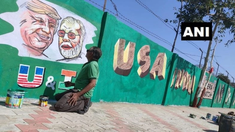 Donald Trump India Visit: Walls Opposite Motera Stadium in Ahmedabad Painted With Images And Slogans of PM Narendra Modi & US President, View Pics