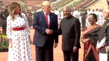 Donald Trump, US President, Accorded Ceremonial Welcome at Rashtrapati Bhavan on Day 2 of His India Visit, Watch Video