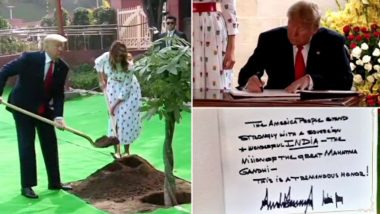 Donald Trump, Melania Trump Visit Rajghat, Write Message on 'Vision of The Great Mahatma Gandhi' in Visitors' Book, Plant Tree; View Pics