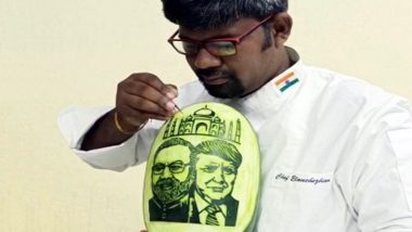 Narendra Modi, Donald Trump's Images Carved on Watermelon by Tamil Nadu Artist a Day Before US President's Awaited Visit