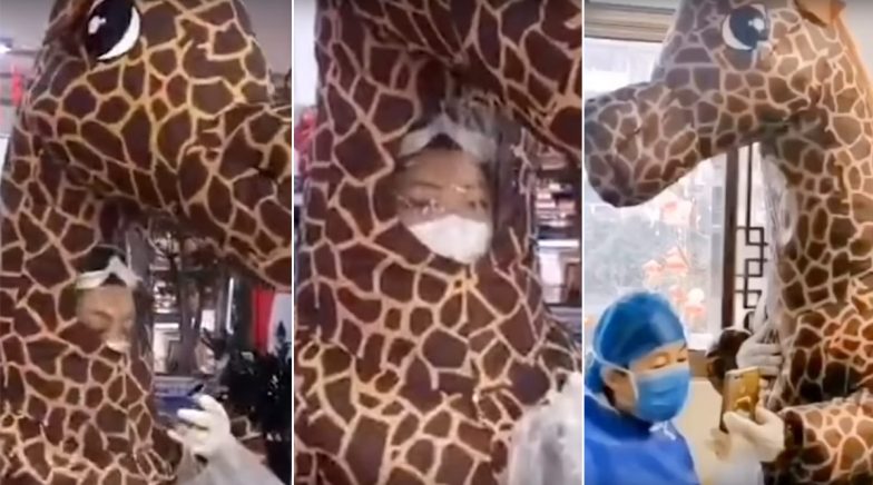 Chinese Woman Wears Giraffe Costume While Visiting Hospital 