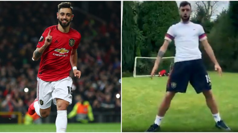 Bruno Fernandes Mimics Cristiano Ronaldo’s Iconic ‘Sii’ Goal Celebration During Shooting Drill With Manchester United Teammate Diogo Dalot (Watch Video)