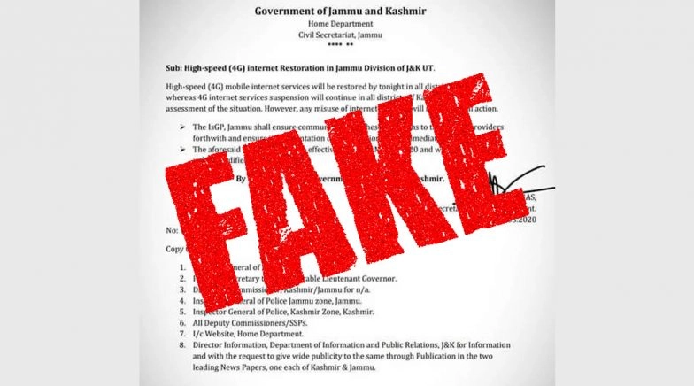 Fact Check: 4G Internet to be Restored in Jammu From Midnight? J&K Govt Issues Clarification