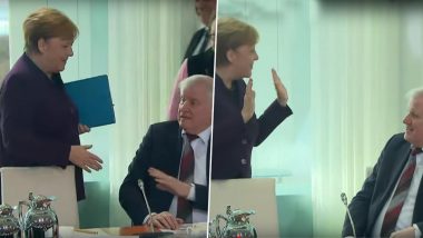 German Chancellor Angela Merkel’s Handshake Refused by Interior Minister Horst Seehofer Over Coronavirus Fear (Watch Video)