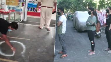 Coronavirus Outbreak in India: People Practise Social Distancing, Stand in Marked Lines Outside Grocery Stores (View Pics)