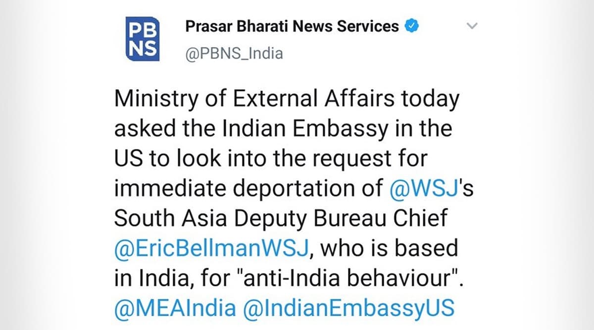 Prasar Bharti Tweets Fake News of WSJ South Bureau Chief Eric Bellman's Deportation For 'Anti-India Behaviour', MEA Clarifies Later Prasar Bharti Tweets Fake News of WSJ South Bureau Chief Eric Bellman's Deportation For 'Anti-India Behaviour', MEA Clarifies Later