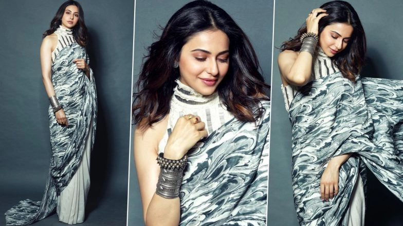Rakul Preet Singh Goes Desi, Opts for a Printed White and Grey Six-Yard for an Event (View Pics)