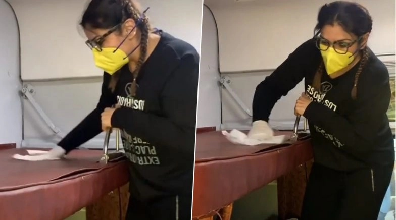 Raveena Tandon Disinfects Train Cabin With Wet Wipes (Watch)