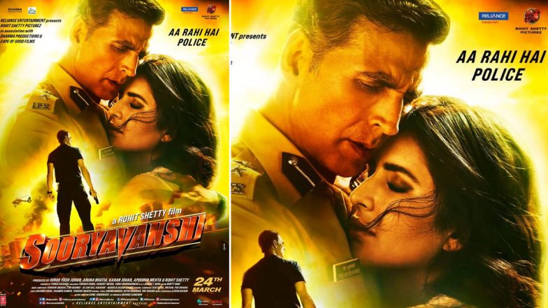Sooryavanshi New Poster: Akshay Kumar Holds Katrina Kaif Tightly Amidst Mayhem in the City! (View Pic)
