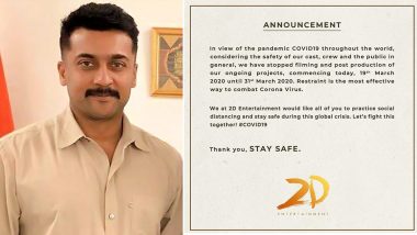 Suriya’s 2D Entertainment Stops Filming and Post Production of Ongoing Projects Due to Coronavirus Outbreak