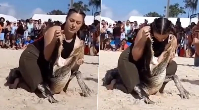 Woman Sticks Her Head in Alligator's Mouth at a Wrestling Competition 