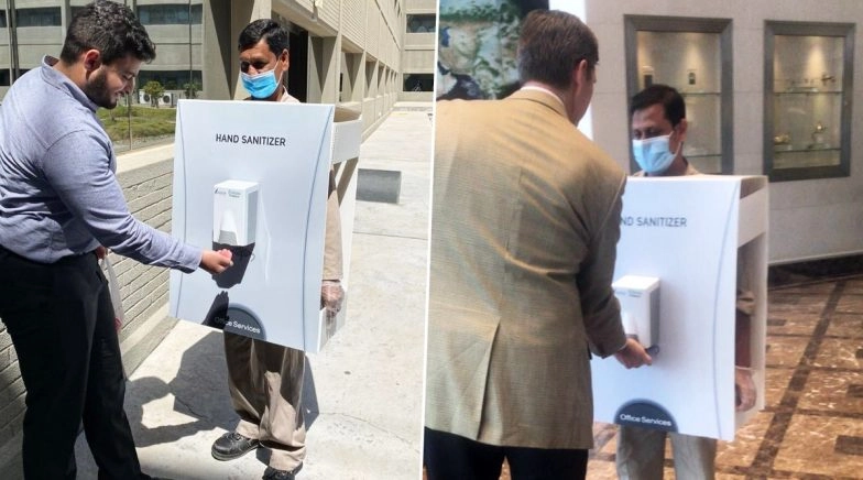 Man Turned Into Hand Sanitiser Dispenser Stand