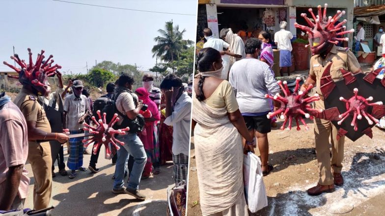 Tamil Nadu Cop Wears Coronavirus-Themed Helmet, Shield and Mace to Spread Awareness About COVID-19; See Pics
