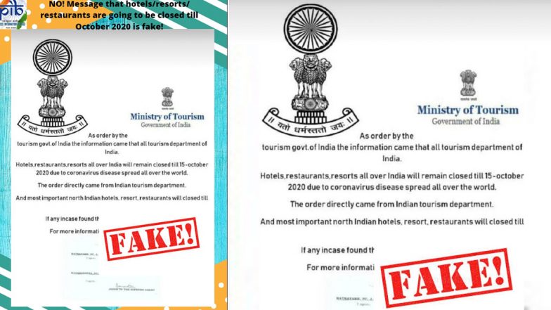 Hotels, Resorts, Restaurants to Remain Shut Till October 2020? PIB Fact Check Reveals Truth Behind Fake Message Going Viral on Social Media Amid Coronavirus Lockdown