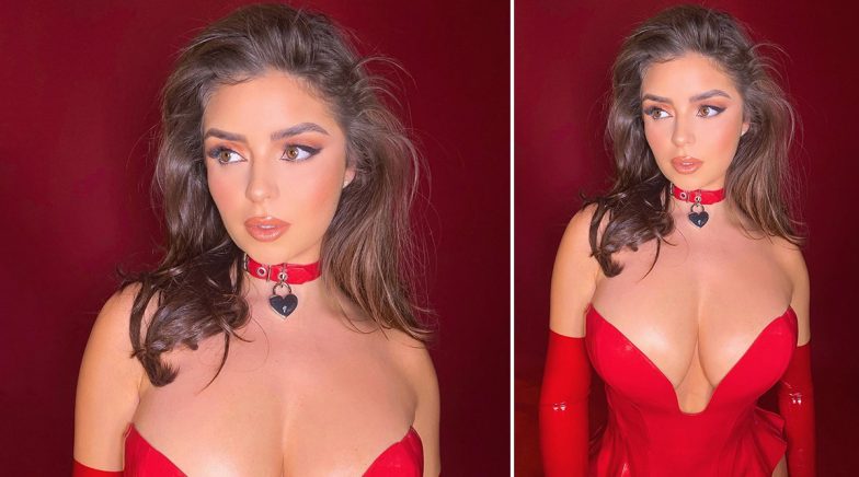 Sexy Demi Rose Shares Pic in a Boob-Spilling Deep-Neck Latex Dress