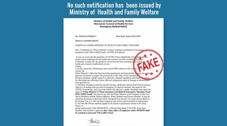 Health Ministry Notification of Employee's 5-Day Salary Being Donated to PM-CARES Fund