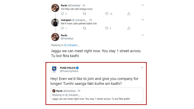 Pune Police Twitter Account Wins Hearts Again, Intercepts Conversation of Two People Planning to Meet Up Before May 3, Gives a Witty Reply