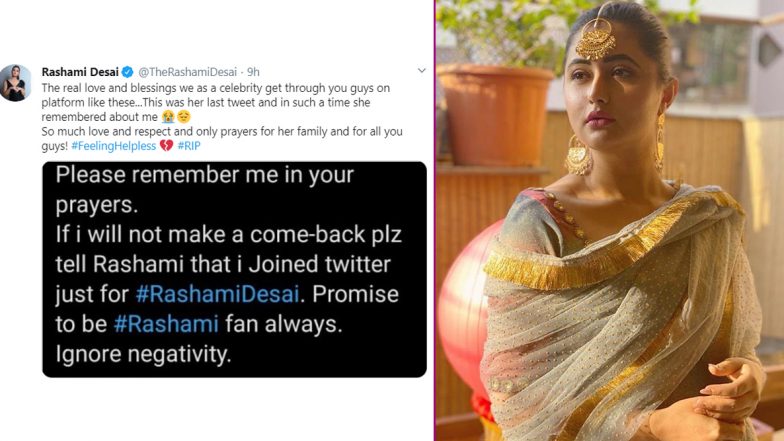 Rashami Desai's Fan Dies of COVID-19, Actress Offers Condolences to Her Family (View Tweet)