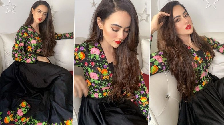 Sana Khan Is Chic in Dark Florals but Her Red Lips and Perfect Winged Eyes Have Us Hooked!