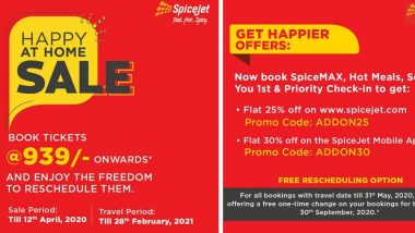 SpiceJet Launches 'Happy at Home' Sale, Offering Customers to Book Flight Tickets at Rs 939 & With Option to Reschedule