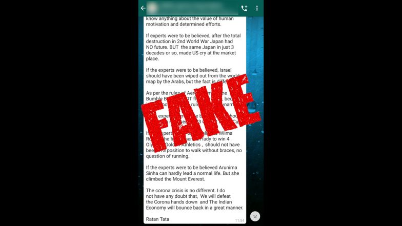 Ratan Tata Dismisses Fake Viral WhatsApp Post on Impact of Coronavirus on Indian Economy Attributed to Him, Says Not His Views