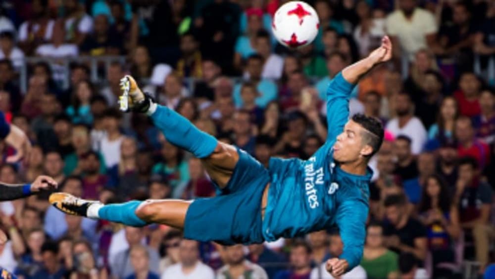 On this day 5 years ago, Cristiano Ronaldo scores a spectacular bicycle  kick goal to put Real Madrid up 2-0 against Juventus in the first leg of  the 2017-18 UEFA Champions League