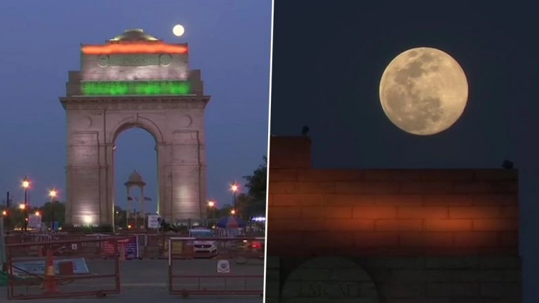 April Super Pink Moon 2020 Captured From Delhi’s India Gate, View Stunning Pics of the Biggest Supermoon of the Year