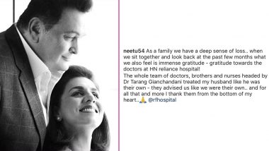 Neetu Kapoor Shares her Gratitude for the Staff of HN Reliance Hospital for Treating Rishi Kapoor and her Family as Their Own