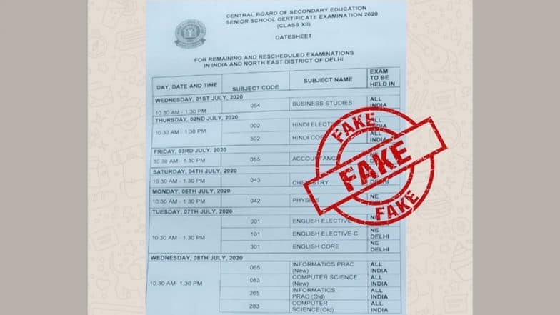 CBSE Class 12 Board Exam 2020 Time Table Going Viral on Social Media Is Fake, Says PIB Fact Check; Official Datesheet to Be Released Today at 5 PM at cbse.nic.in
