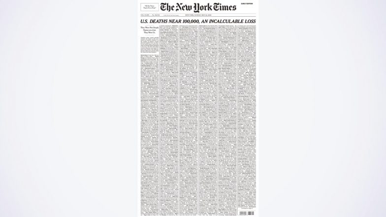 The New York Times Pay Homage by Dedicating Its Sunday Front Page With 1,000 Names of COVID-19 Victims as US Nears 100,000 Deaths (View Pic)