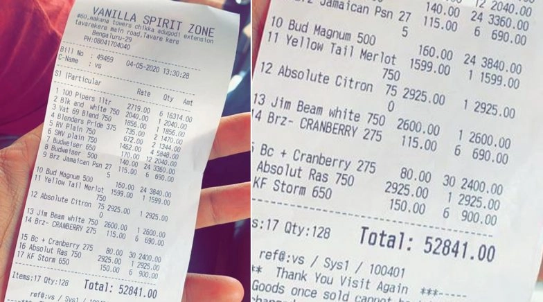 Picture of Liquor Bill Amounting Rs 52,841 Goes Viral, Karnataka Excise Department Books Seller