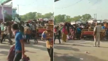 Migrant Workers, on Home-Bound Foot Journey, Break Police Barricades at UP-MP Border in Rewa (Watch Video)