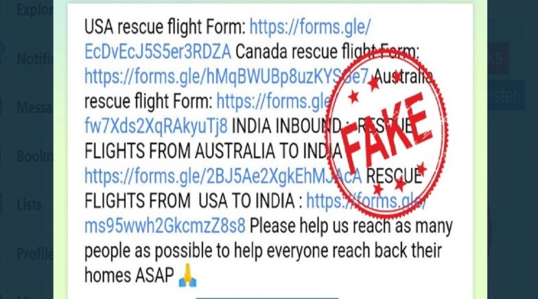 WhatsApp Message Titled 'RESCUE FLIGHTS FROM INDIA' With Google Forms is Fake, Says PIB Fact Check