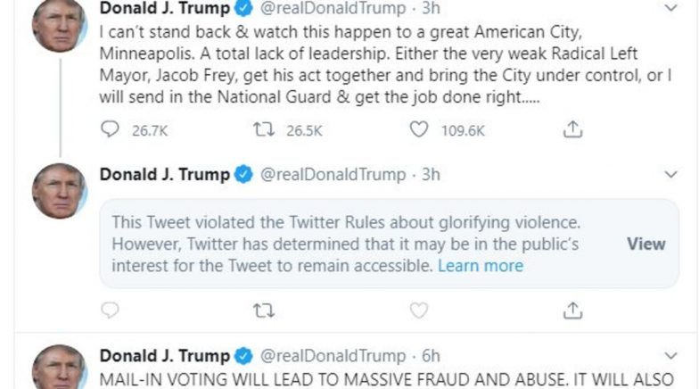 Donald Trump's Latest Tweet Flagged by Twitter for Glorifying Minnesota Violence