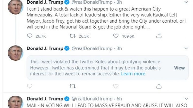 Minnesota Riots: Twitter Flags Donald Trump's Latest Tweet for Glorifying Violence Over Killing of George Floyd